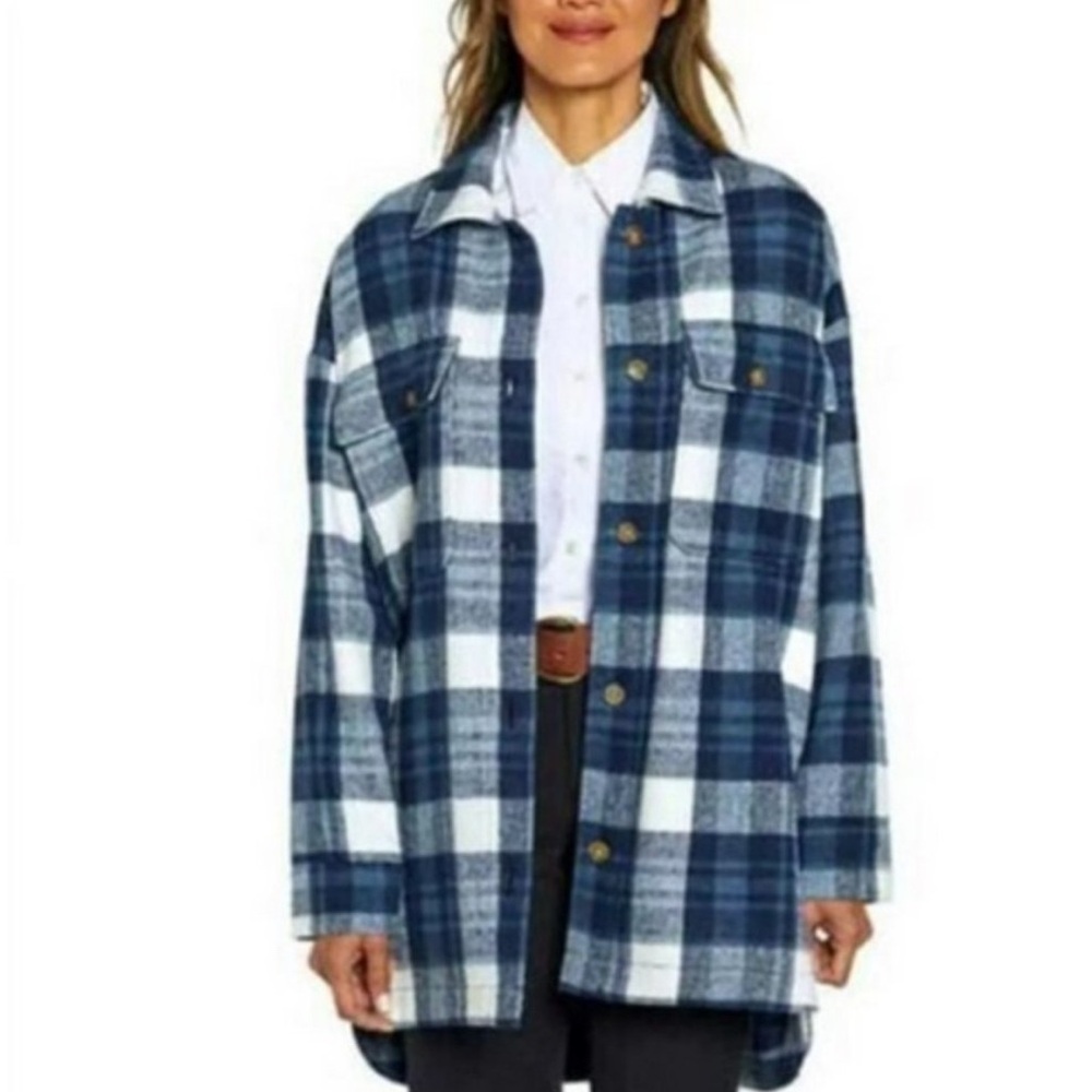 Banana Republic Women's Oversized Brushed Flannel Shirt Shacket Navy Plaid S